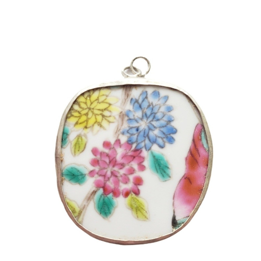 Vintage Hand‎ Painted Floral Porcelain Pottery Shard Pendant Silver Tone Bezel